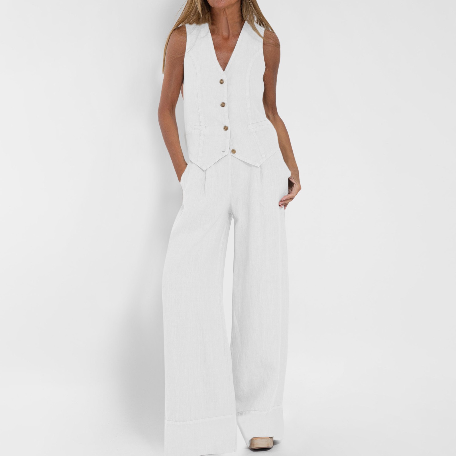 thumbnail image 2 of Conjunto informal de algodón de 2 piezas para mujer: camisa chaleco sin mangas con botones y pantalones rectos de pierna ancha con bolsillos, diseño sexy en el pecho, para uso diario/formal., 2 of 5